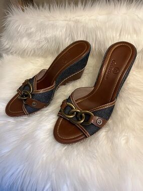 Cole Haan Brown Leather & Denim Chain-Link Wedges
